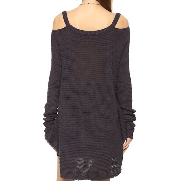 Free People Moonshine Dark Gray V-Neck Cold Shoulder A-Line Knit Sweater - M / L - Picture 3 of 15